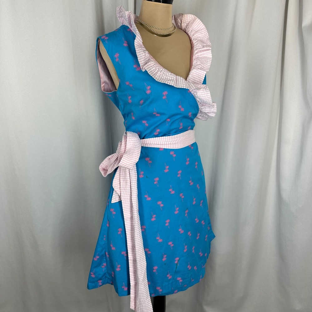 LaRoque Blue‎ Palm Print Wrap Dress M?Pink Ruffle Trim Sleeveless Preppy READ